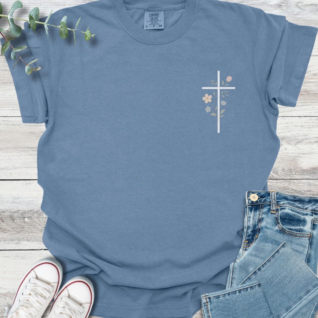 Floral Cross T-shirt in Blue Jean - Christian graphic tee