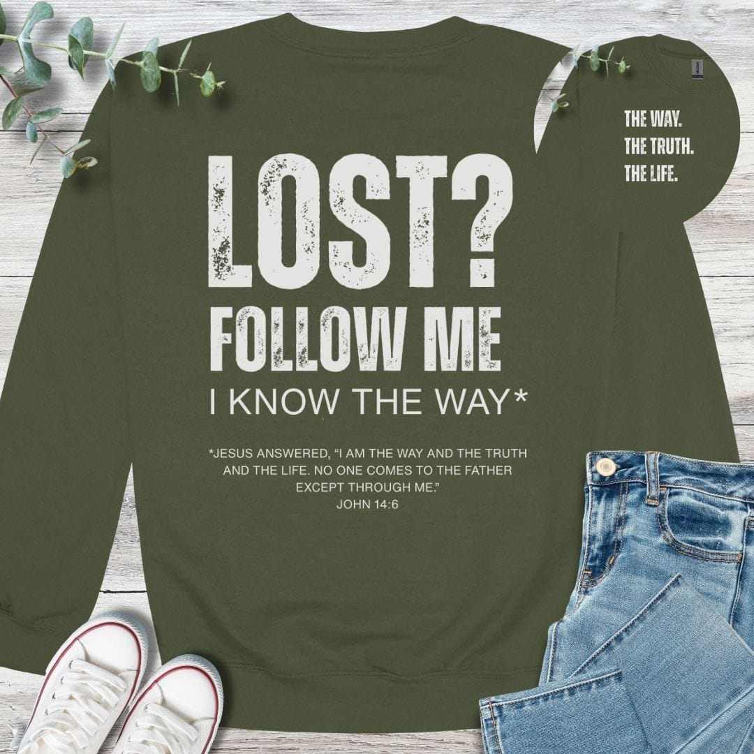 Follow Me Sweatshirt in Military Green - Christian graphic sweatshirt