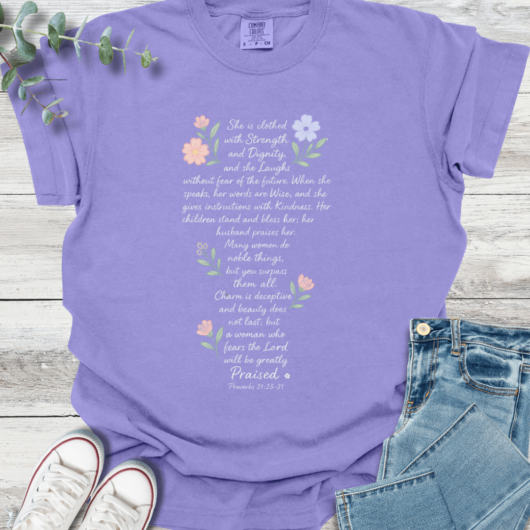 Proverbs 31 Woman T-Shirt in Violet - Christian graphic tee