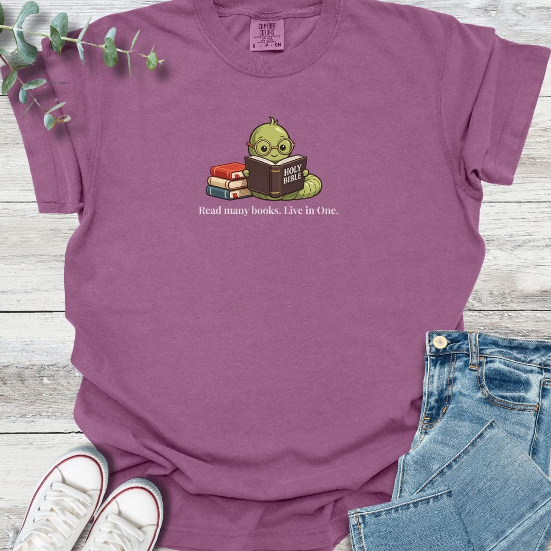 Bible Bookworm T-shirt in Berry - Christian graphic tee