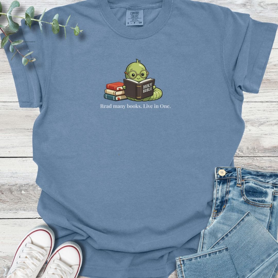 Bible Bookworm T-shirt in Blue Jean - Christian graphic tee