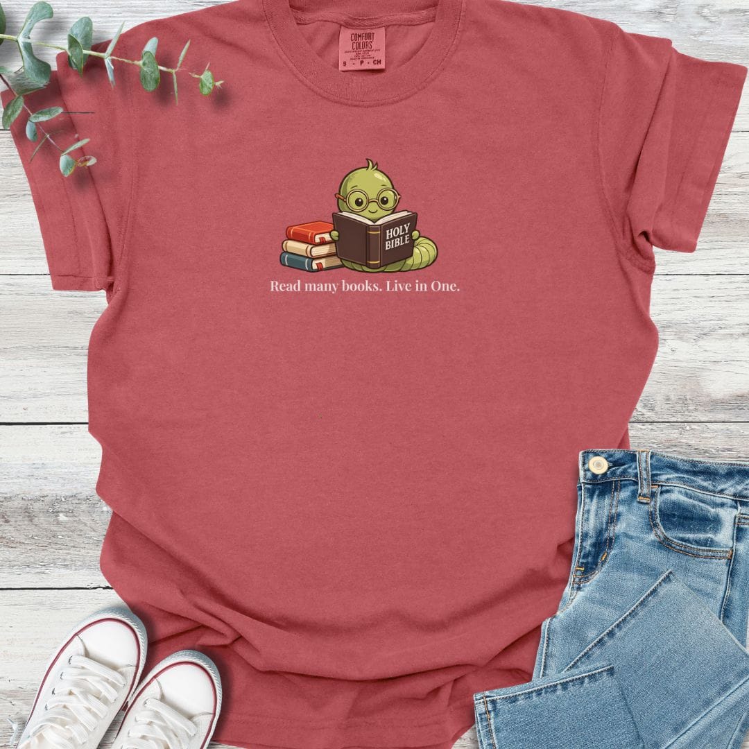 Bible Bookworm T-shirt in Crimson - Christian graphic tee