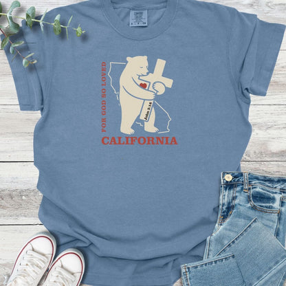 God Loves California T-Shirt in Blue Jean - Christian graphic tee