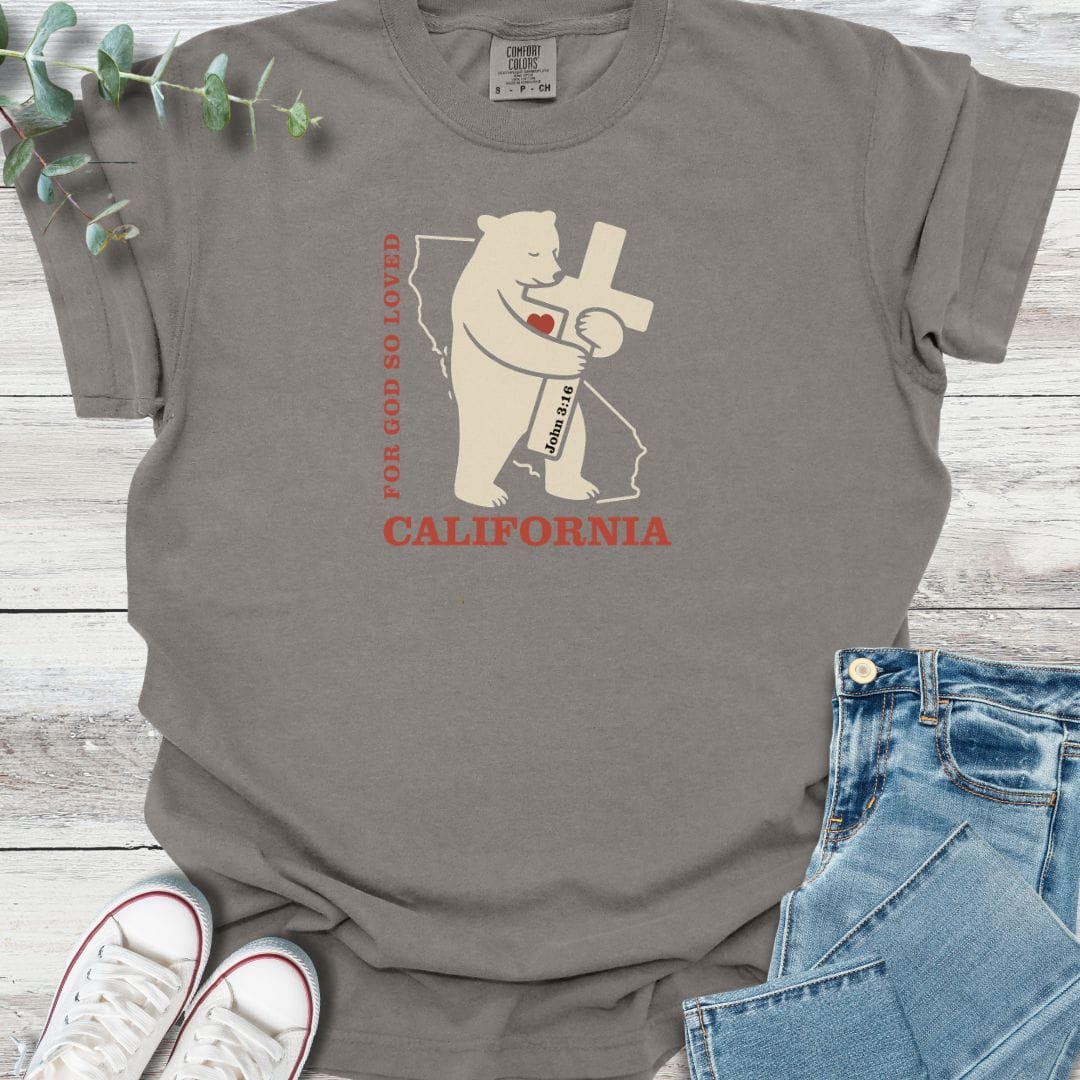God Loves California T-Shirt in Grey - Christian graphic tee