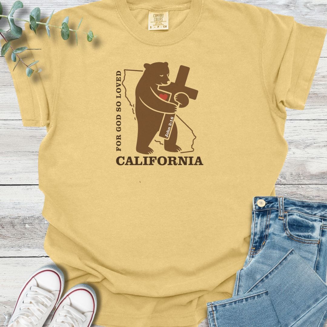 God Loves California T-Shirt in Mustard - Christian graphic tee