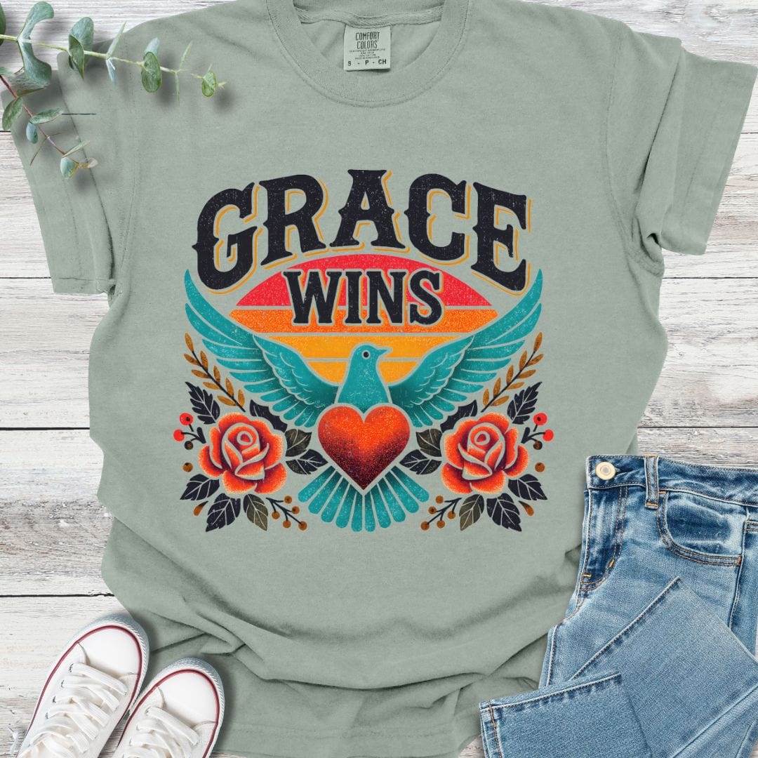 Grace Wins T-Shirt in Bay - Christian graphic tee