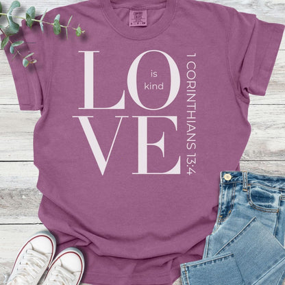 Love Is Kind T-shirt in Berry - Christian graphic tee