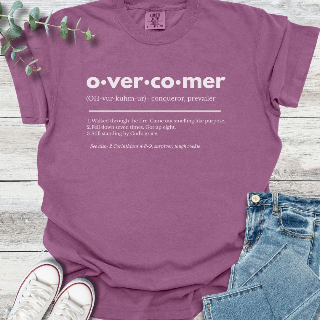 Overcomer Definition T-shirt in Berry - Christian graphic tee