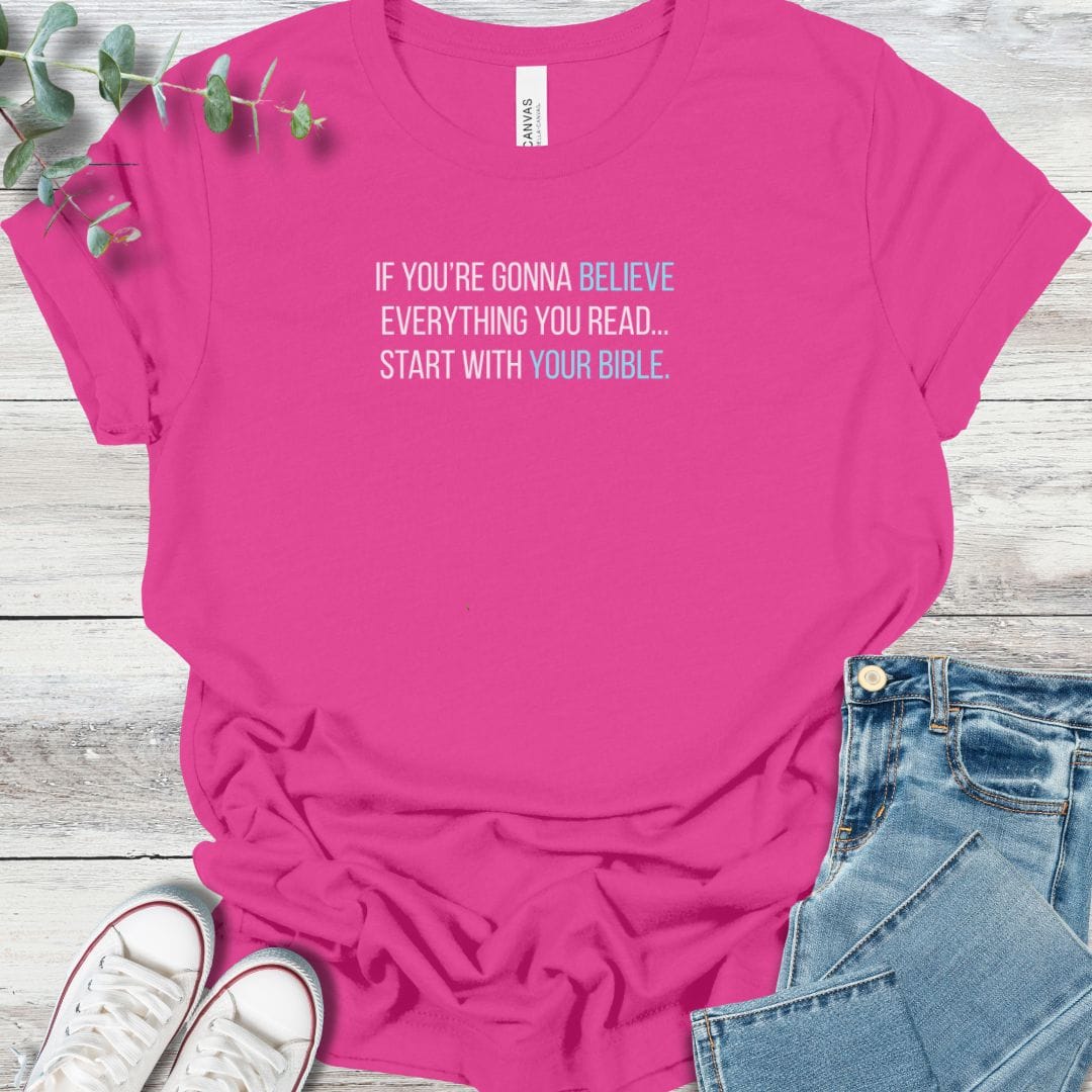 Believe The Bible T-Shirt in Berry - Christian graphic tee