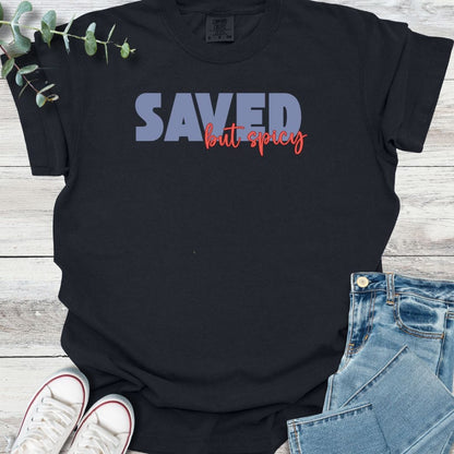 Saved & Spicy T-shirt in Black - Christian graphic tee