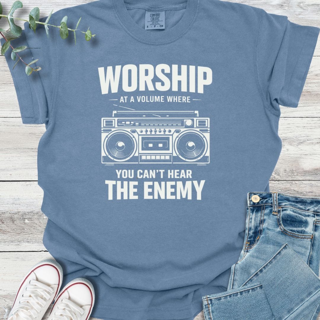 Worship Loud T-Shirt in Blue Jean - Christian graphic tee