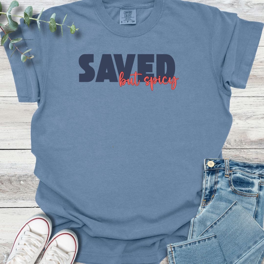 Saved & Spicy T-shirt in Blue Jean - Christian graphic tee