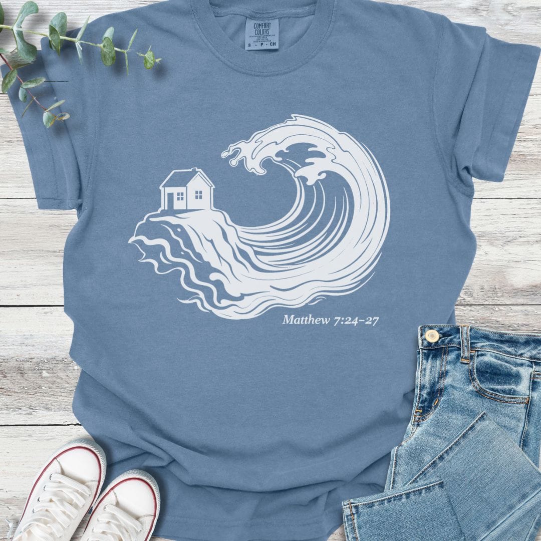 Built On Rock T-shirt in Blue Jean - Christian graphic tee