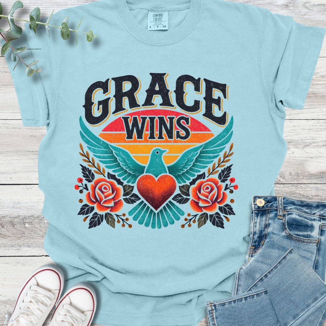 Grace Wins T-Shirt in Chambray - Christian graphic tee