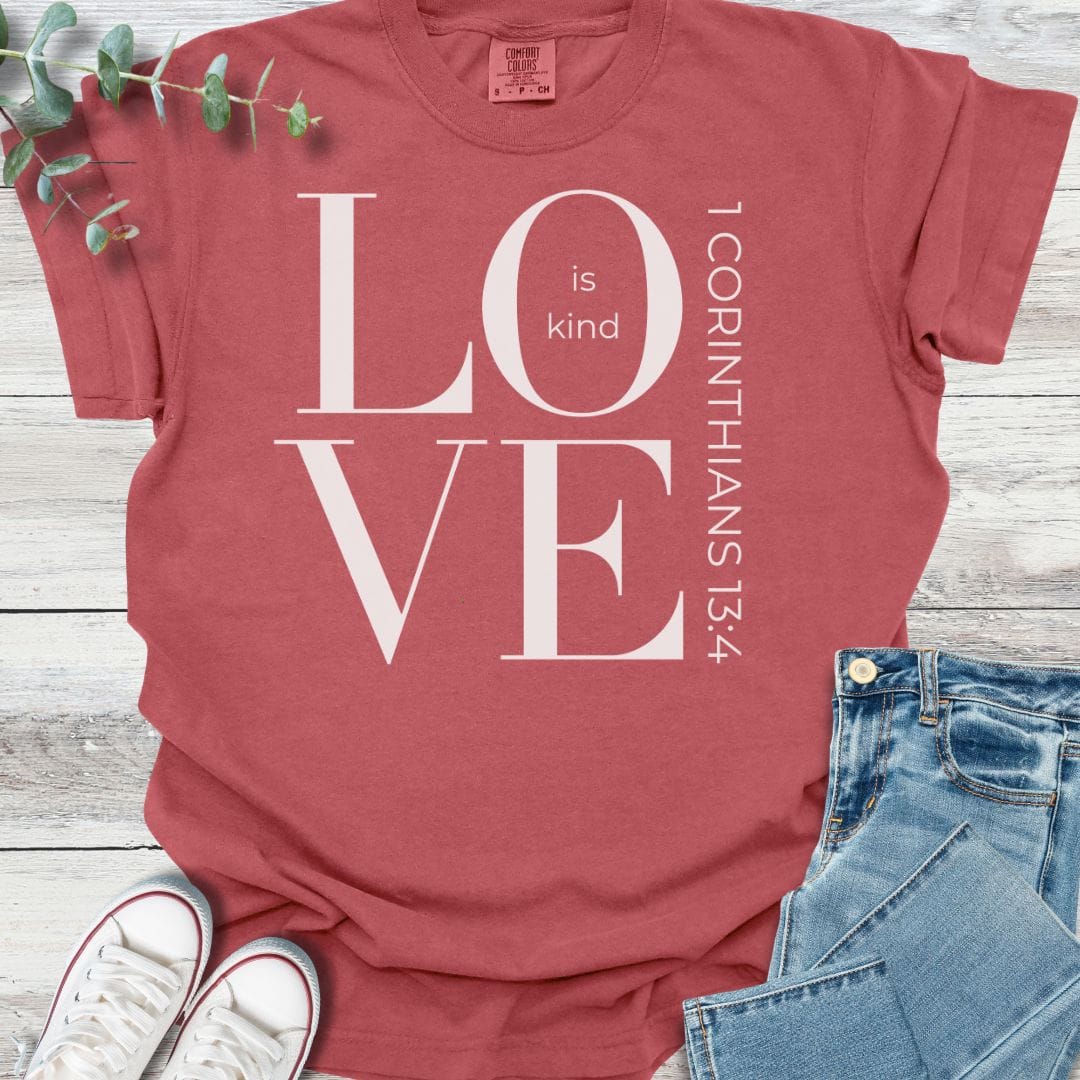 Love Is Kind T-shirt in Crimson - Christian graphic tee
