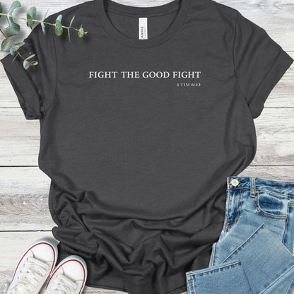 Good Fight T-Shirt in Heather Dark Grey - Christian graphic tee