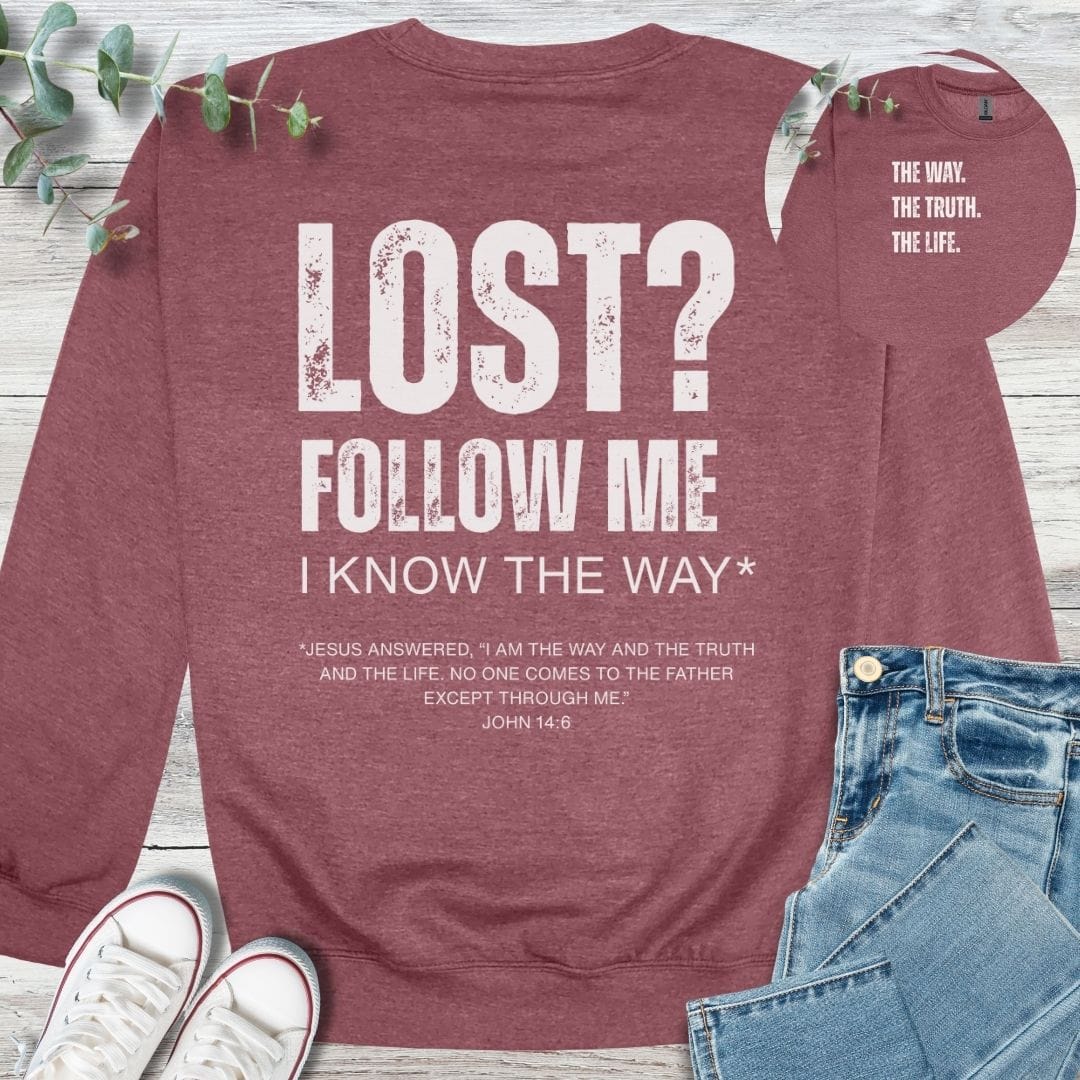 Follow Me Sweatshirt in Heather Sport Dark Maroon - Christian graphic sweatshirt