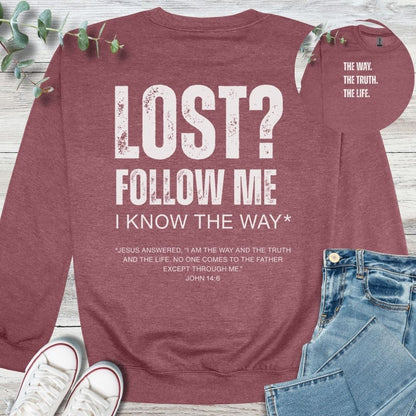 Follow Me Sweatshirt in Heather Sport Dark Maroon - Christian graphic sweatshirt