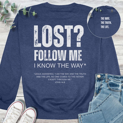 Follow Me Sweatshirt in Heather Sport Dark Navy - Christian graphic sweatshirt