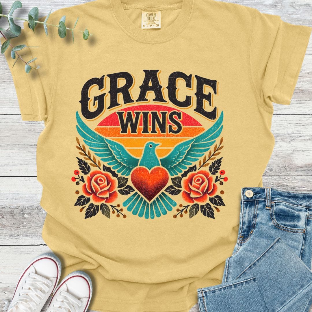 Grace Wins T-Shirt in Mustard - Christian graphic tee