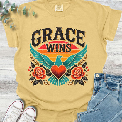 Grace Wins T-Shirt in Mustard - Christian graphic tee