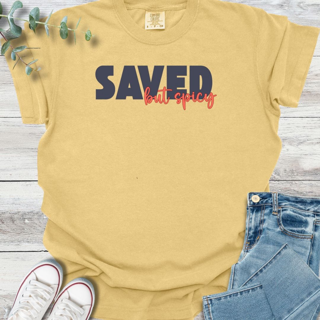 Saved & Spicy T-shirt in Mustard - Christian graphic tee