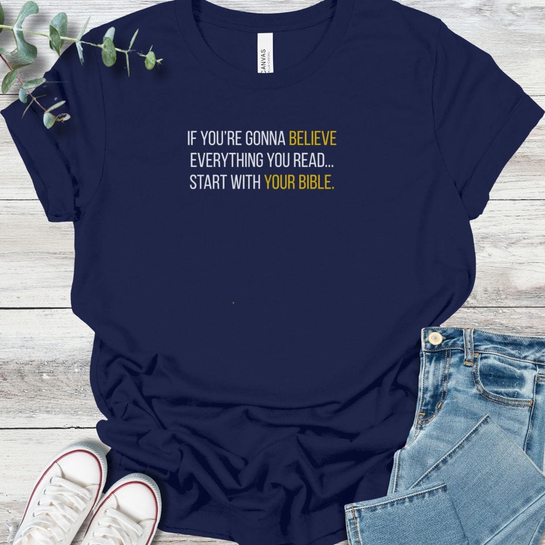 Believe The Bible T-Shirt in Navy - Christian graphic tee