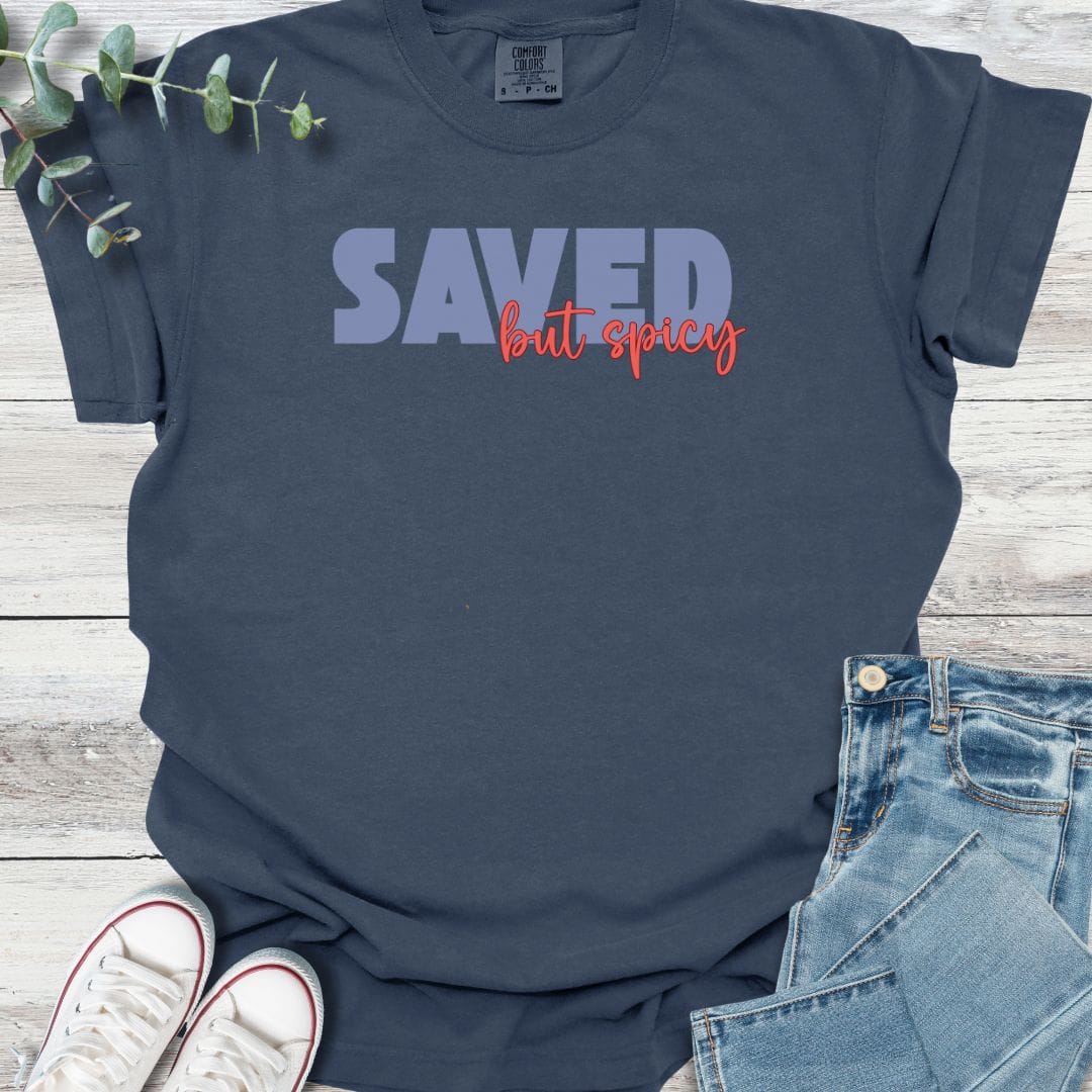 Saved & Spicy T-shirt in Navy - Christian graphic tee