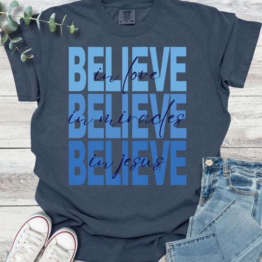 Believe T-shirt in Navy - Christian graphic tee