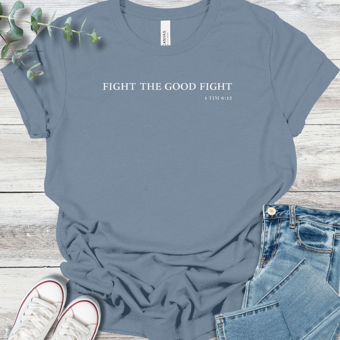 Good Fight T-Shirt in Steel Blue - Christian graphic tee