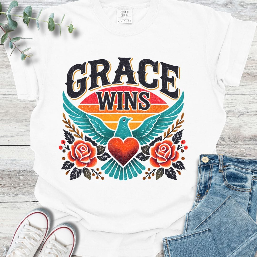 Grace Wins T-Shirt in White - Christian graphic tee