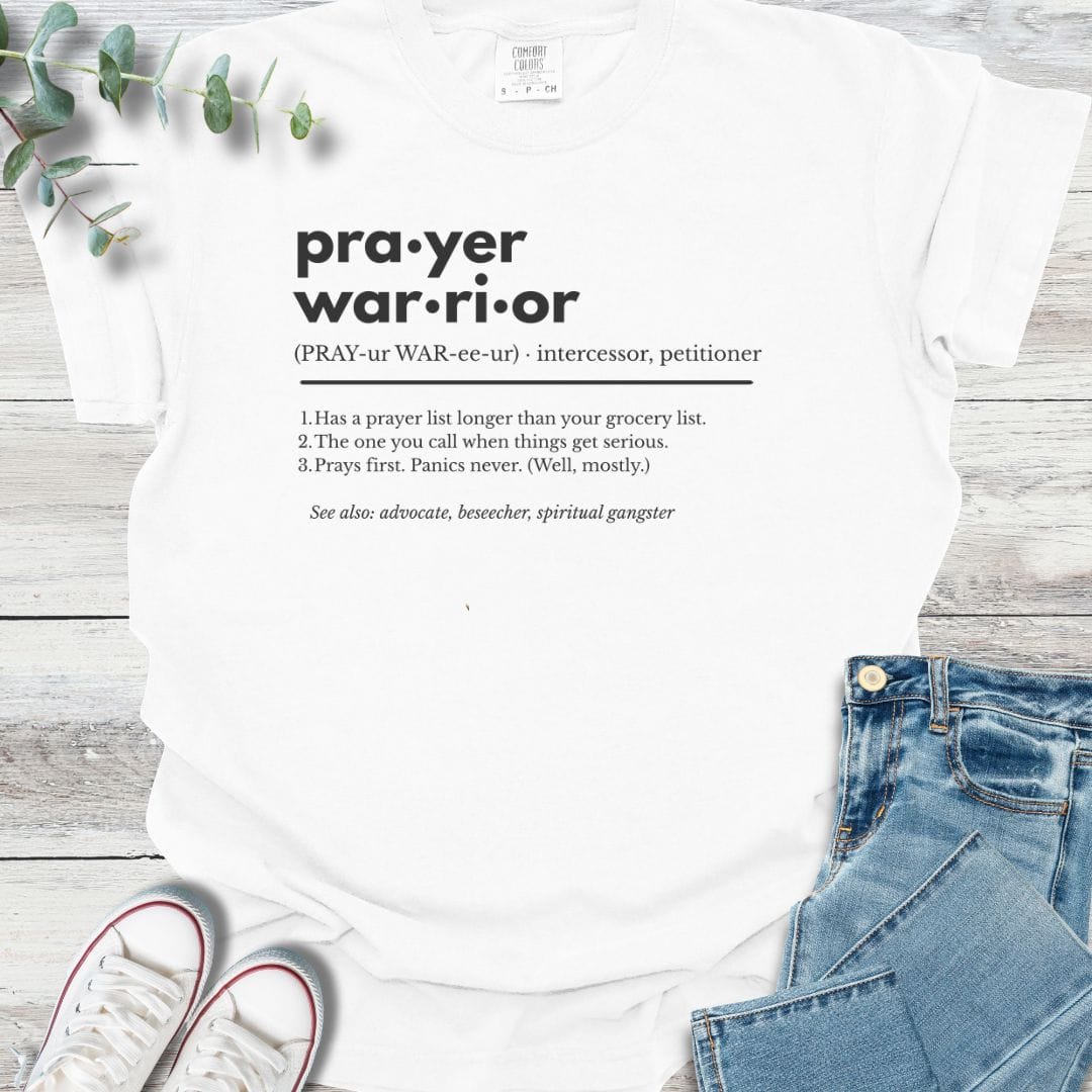 Prayer Warrior Definition T-shirt in White - Christian graphic tee