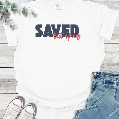 Saved & Spicy T-shirt in White - Christian graphic tee