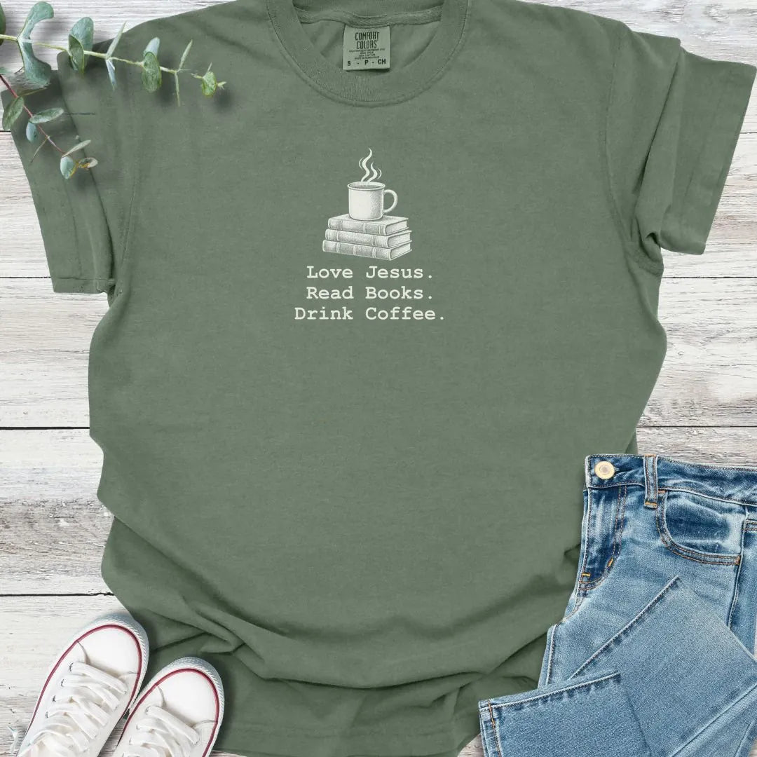 Jesus. Books. Coffee - Christian graphic tee