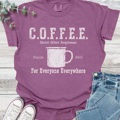 Cup Of Forgiveness T-Shirt in Berry - Christian graphic tee