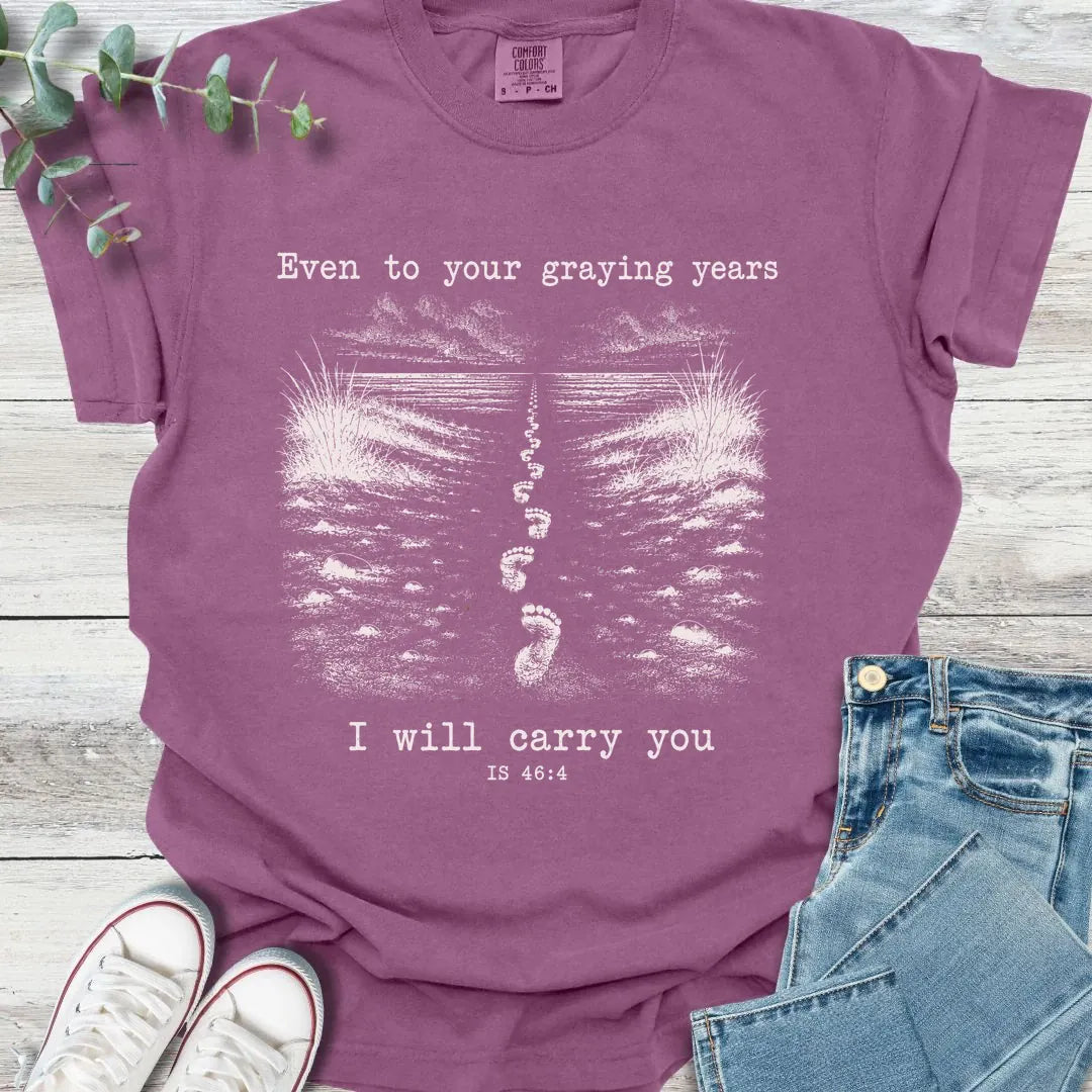 Footprints T-Shirt in Berry - Christian graphic tee