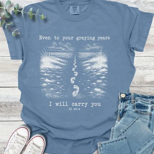 Footprints T-Shirt in Blue Jean - Christian graphic tee