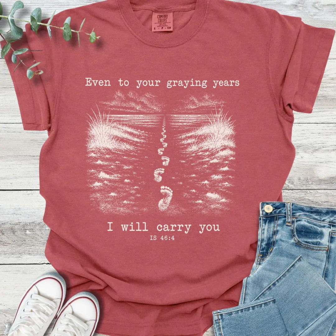 Footprints T-Shirt in Crimson - Christian graphic tee